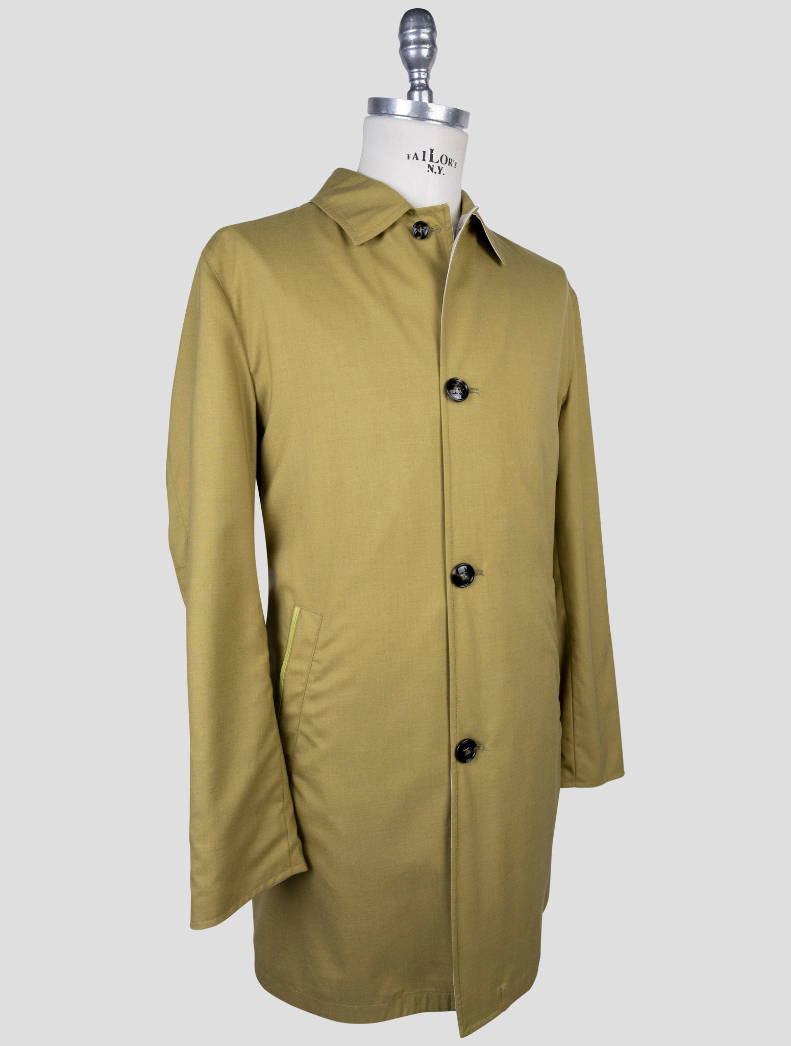 Kiton Green Beige Cashmere Silk Reverse Overcoat