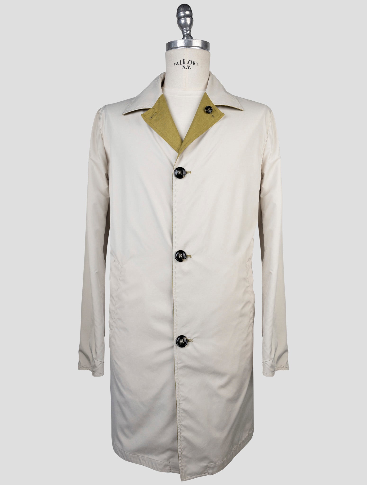 Kiton Green Beige Cashmere Silk Reverse Overcoat