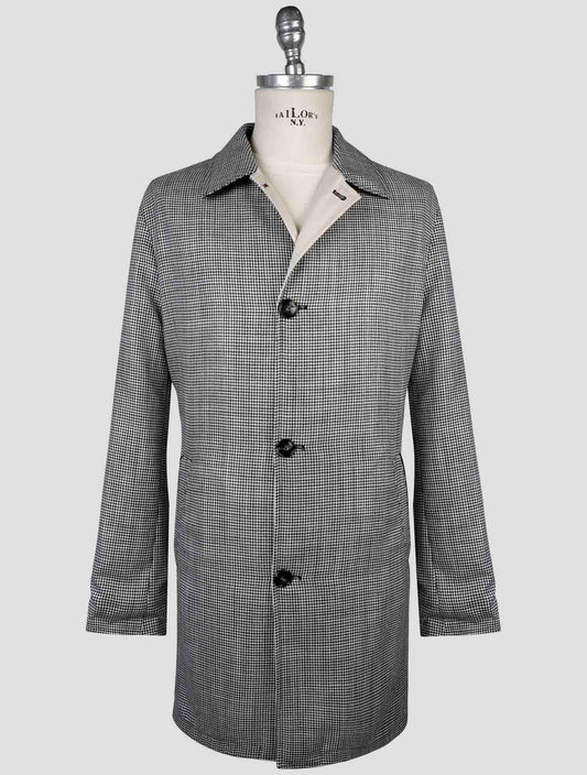 Kiton Black White Cashmere Virgin Wool Silk Linen Reverse Overcoat