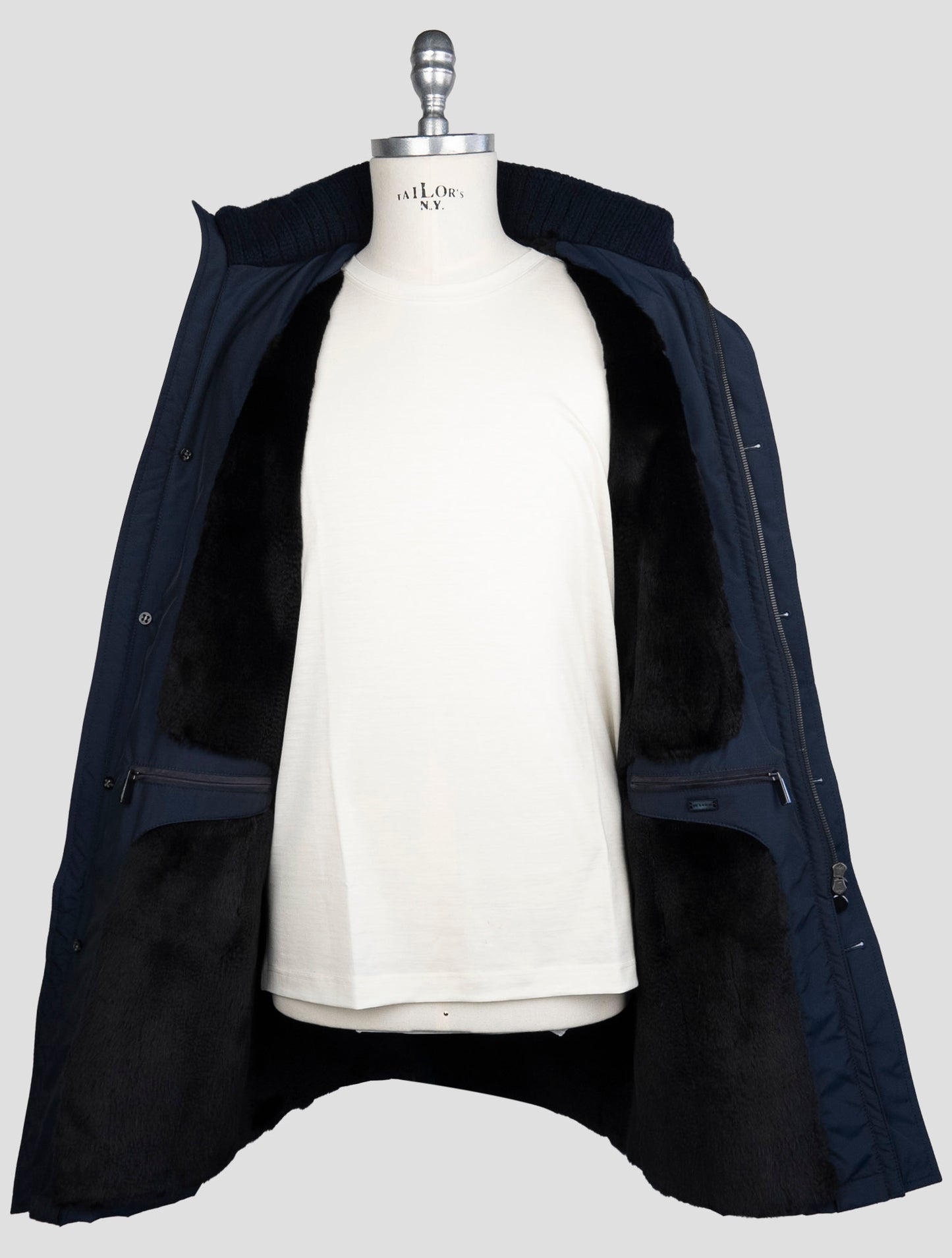 Kiton Blue Fleece Wool Pa Weasel Fur Overcoat