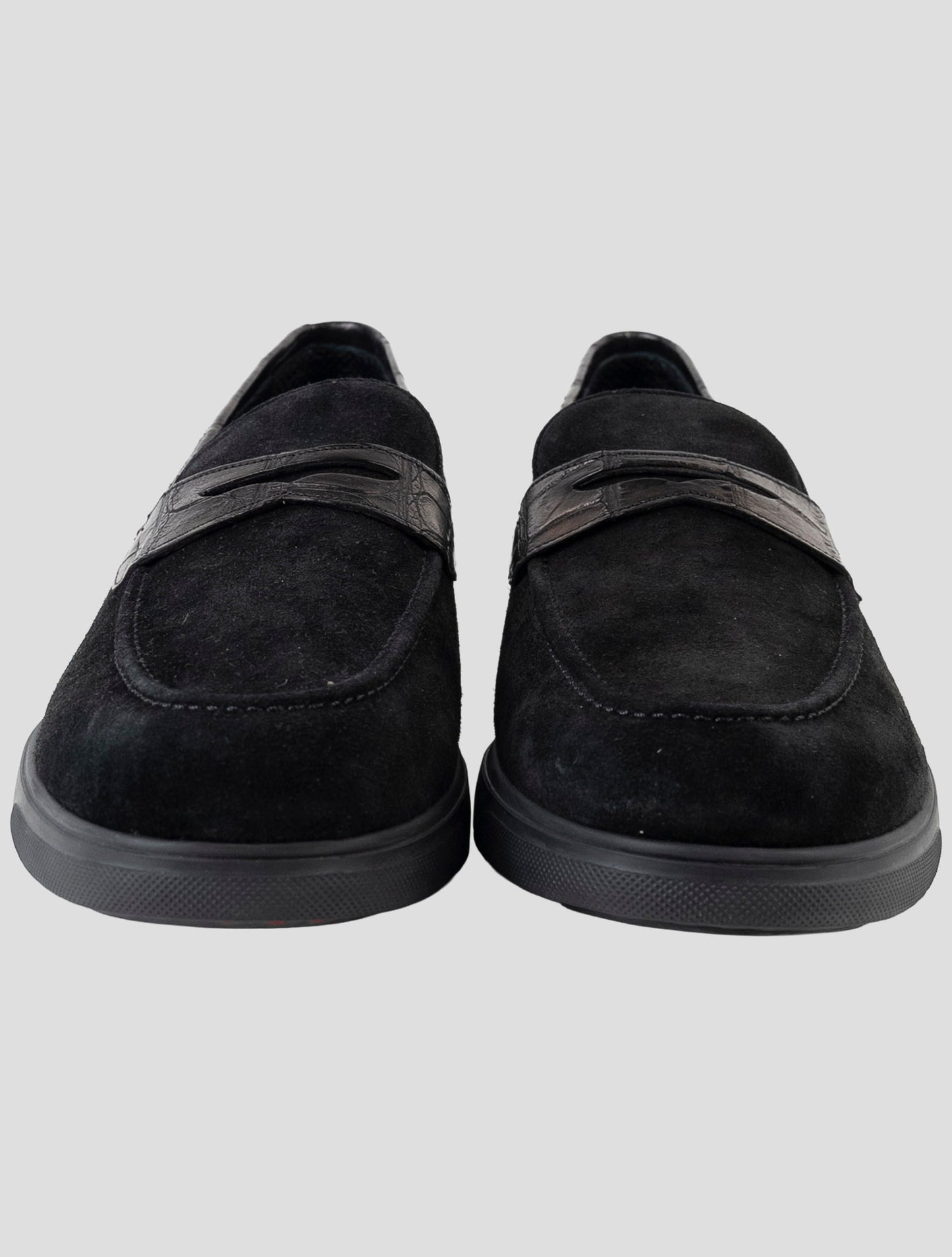 Kiton Black Leather Crocodile Leather Suede Loafers