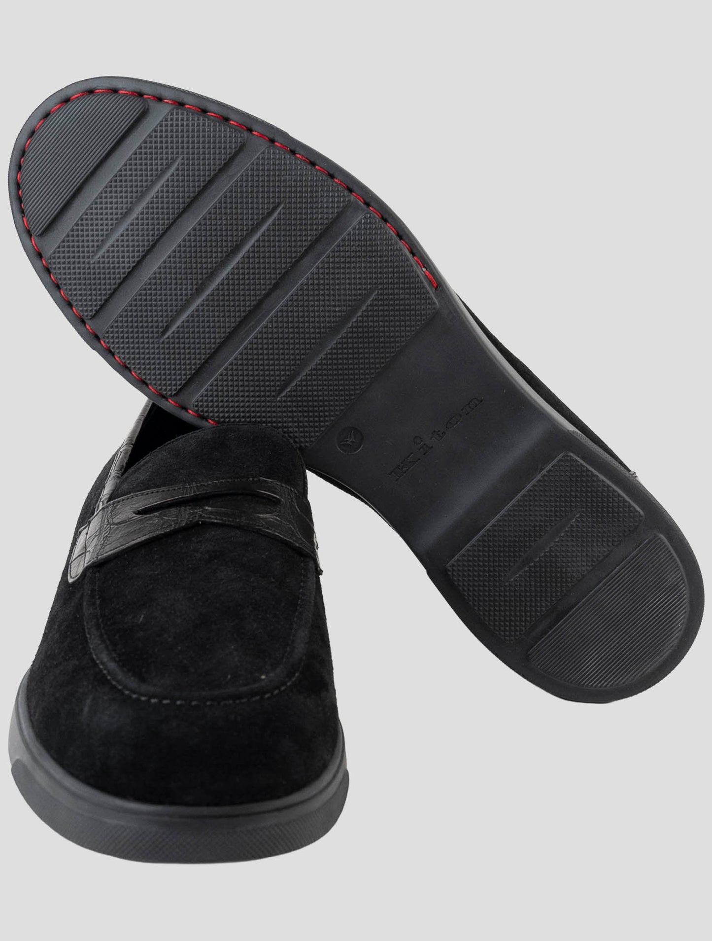 Kiton Black Leather Crocodile Leather Suede Loafers
