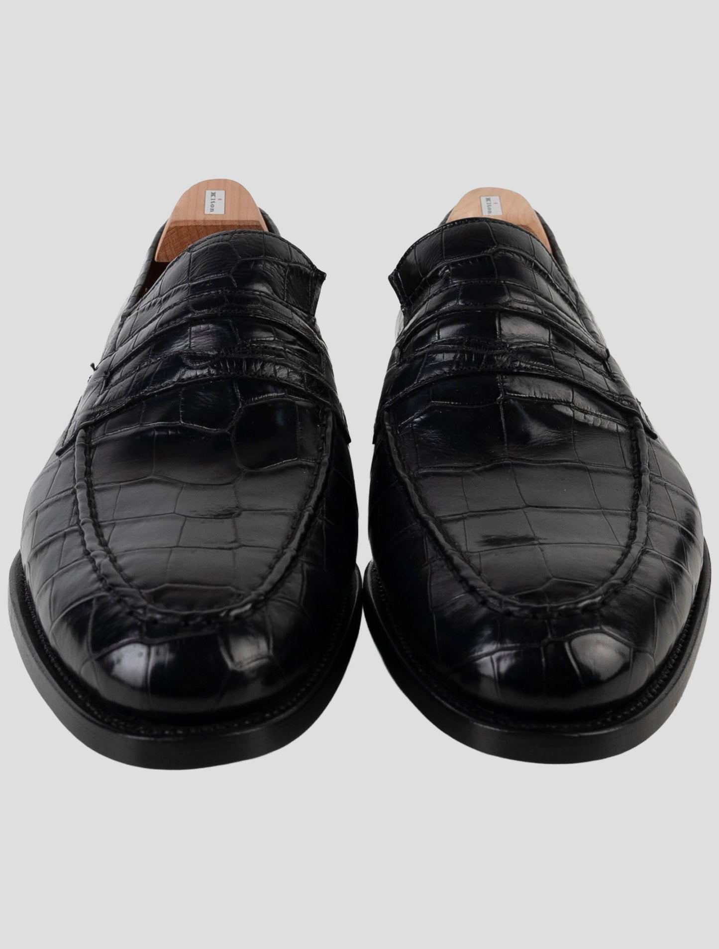 Kiton Black Leather Crocodile Loafers