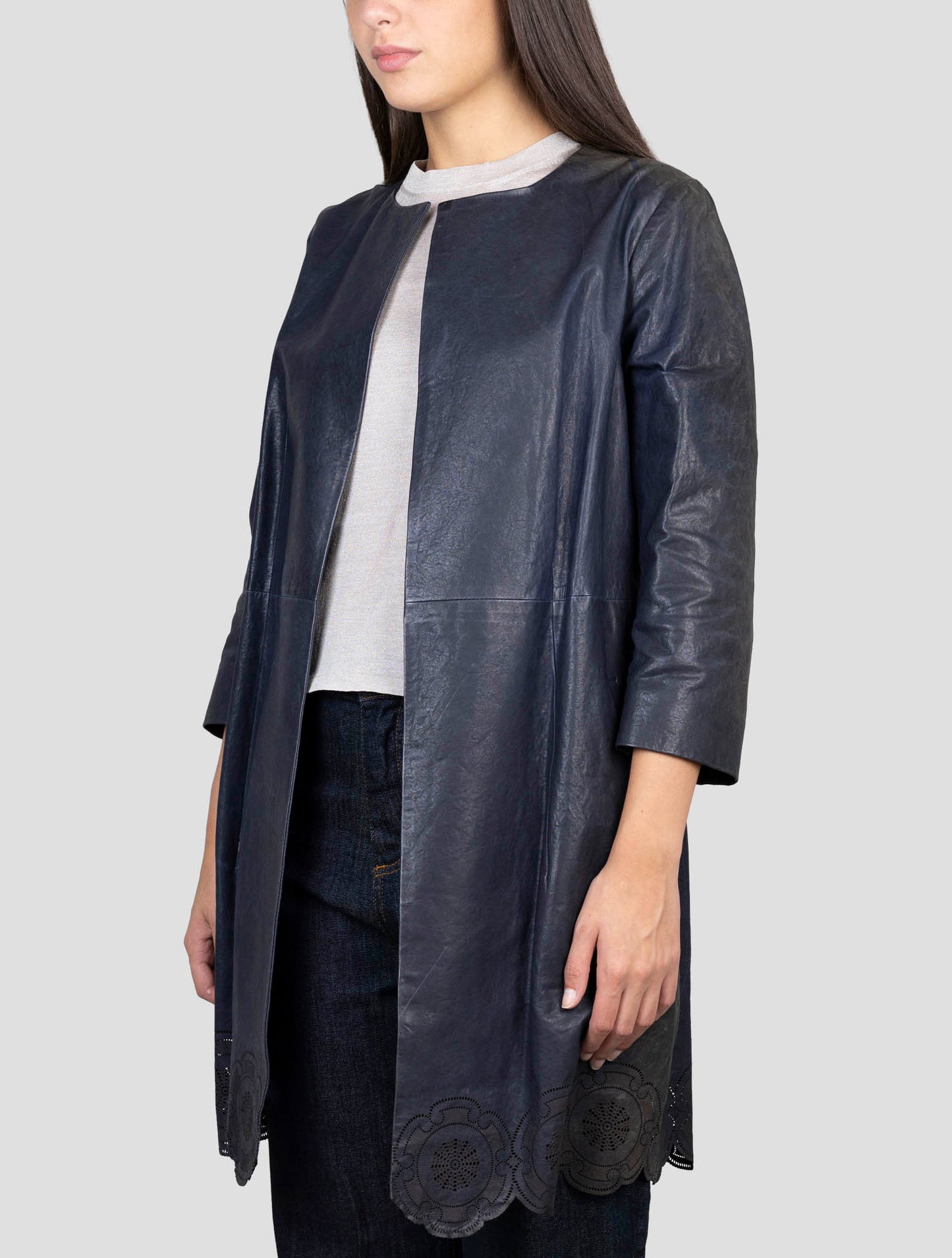 Kiton Blue Leather Overcoat