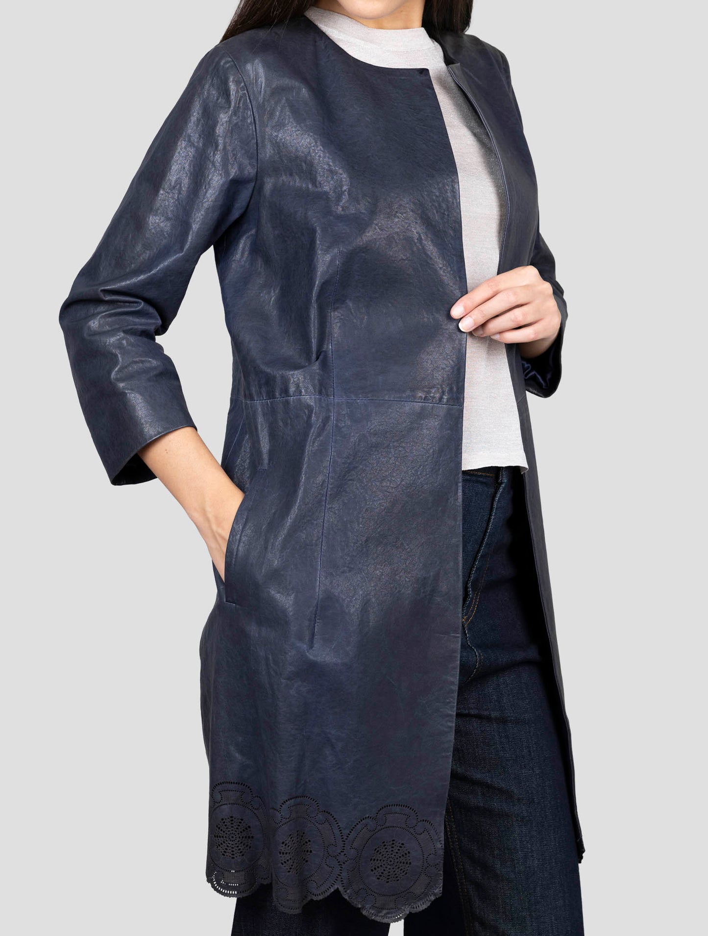 Kiton Blue Leather Overcoat