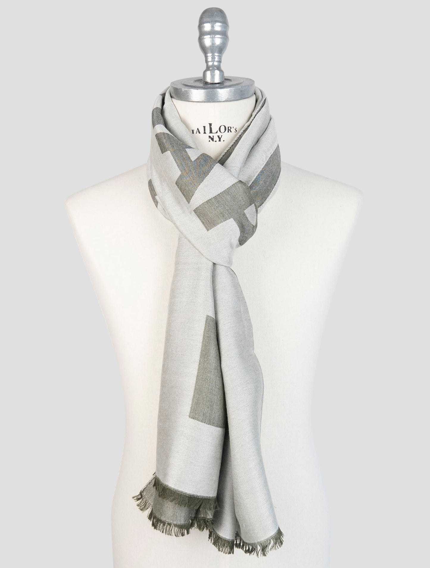 Kiton Green Gray Cashmere Silk Scarf