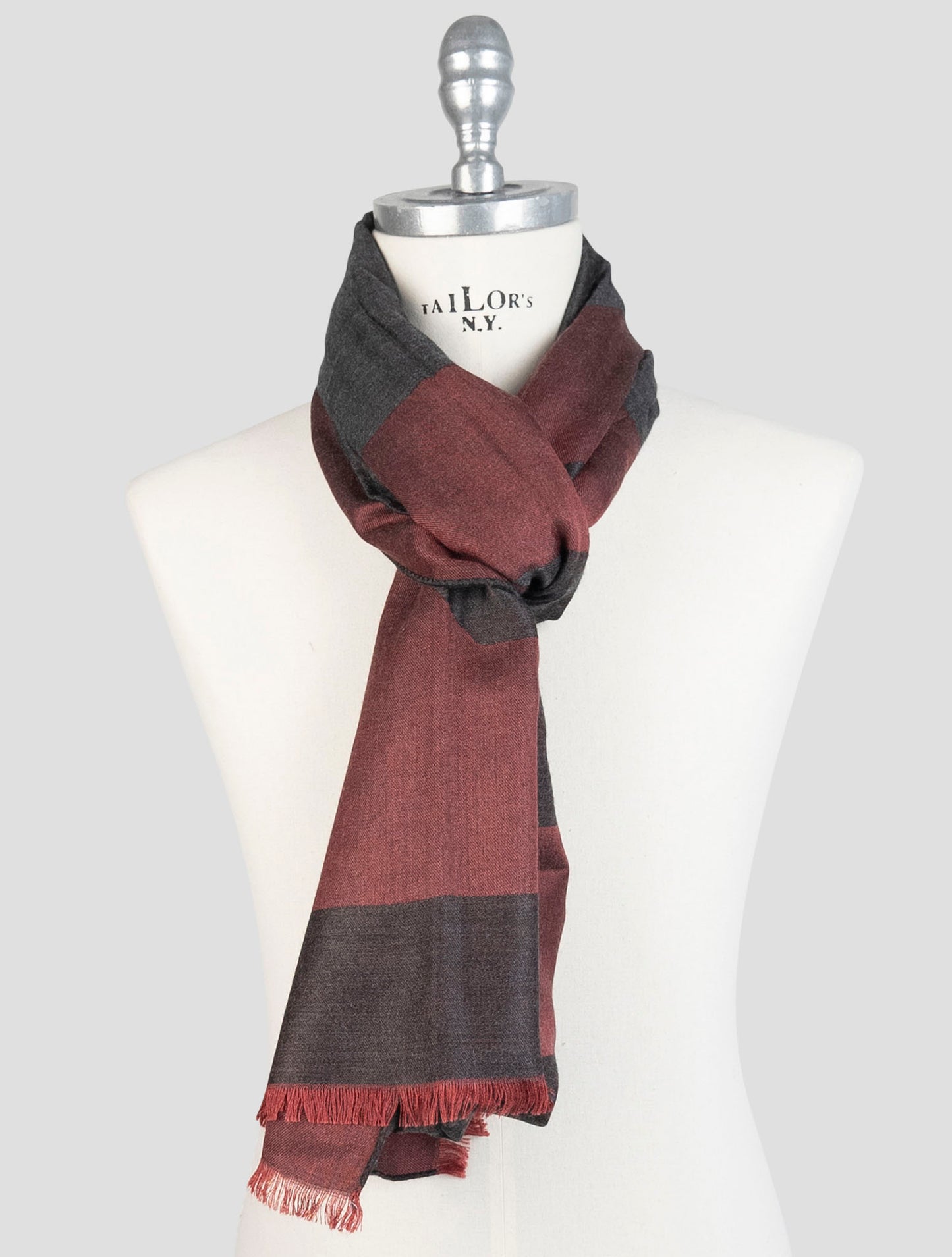 Kiton Burgundy Gray Cashmere Silk Scarf