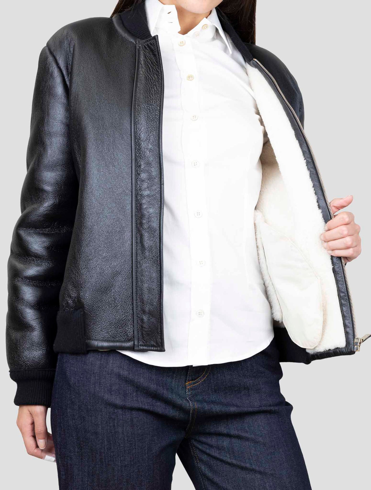 Kiton Black Leather Shearling Coat