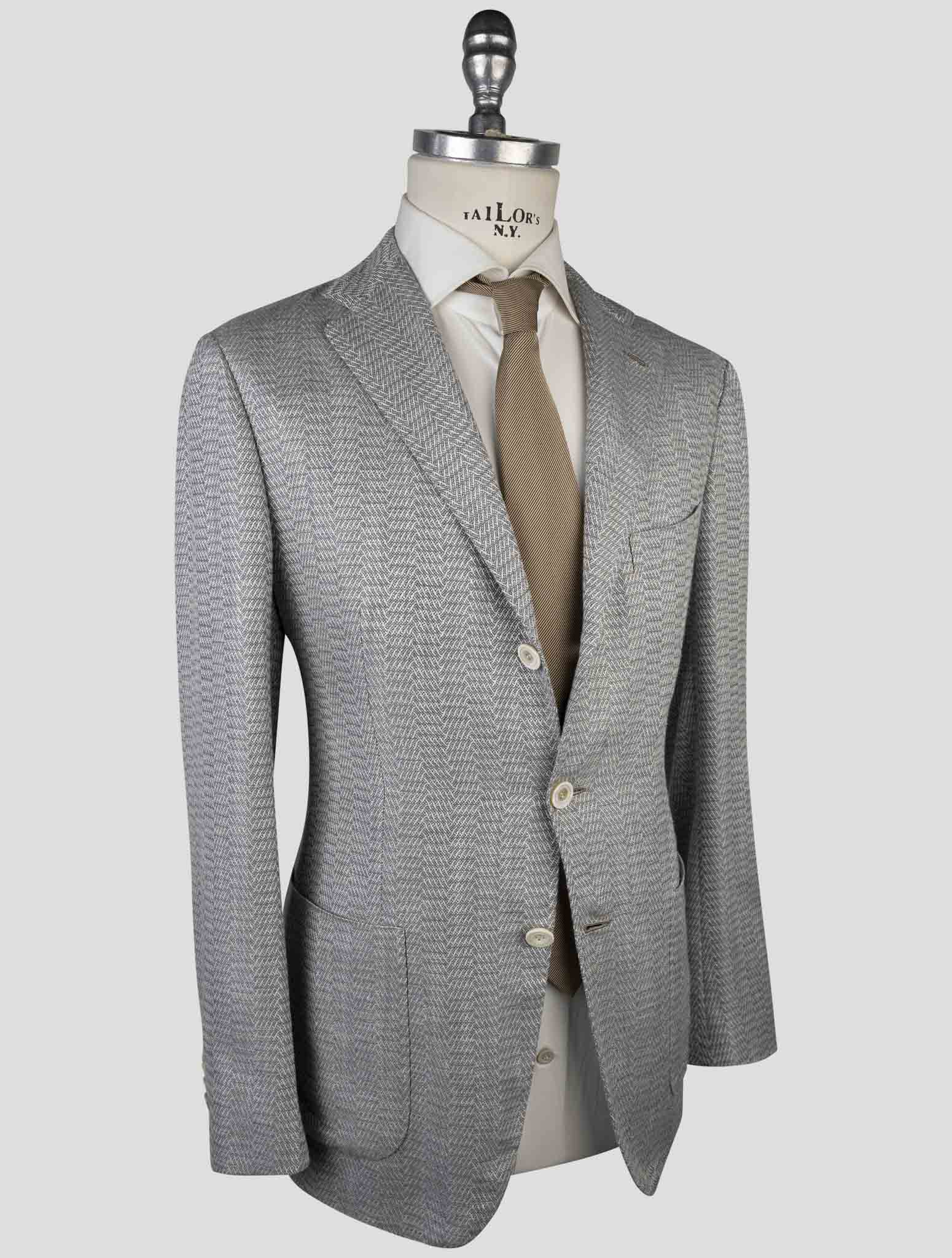 Kiton Gray Cashmere Wool Silk Linen Blazer detail of shoulder and lapel