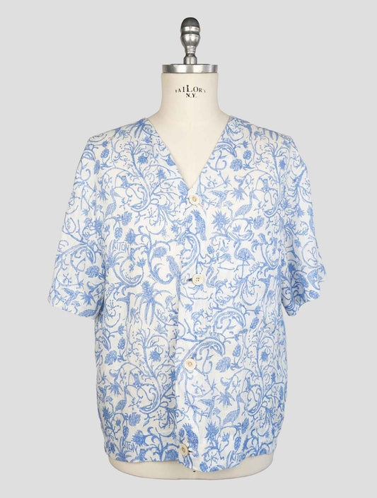 kiton Light Blue White Linen  Short Sleeve Shirt