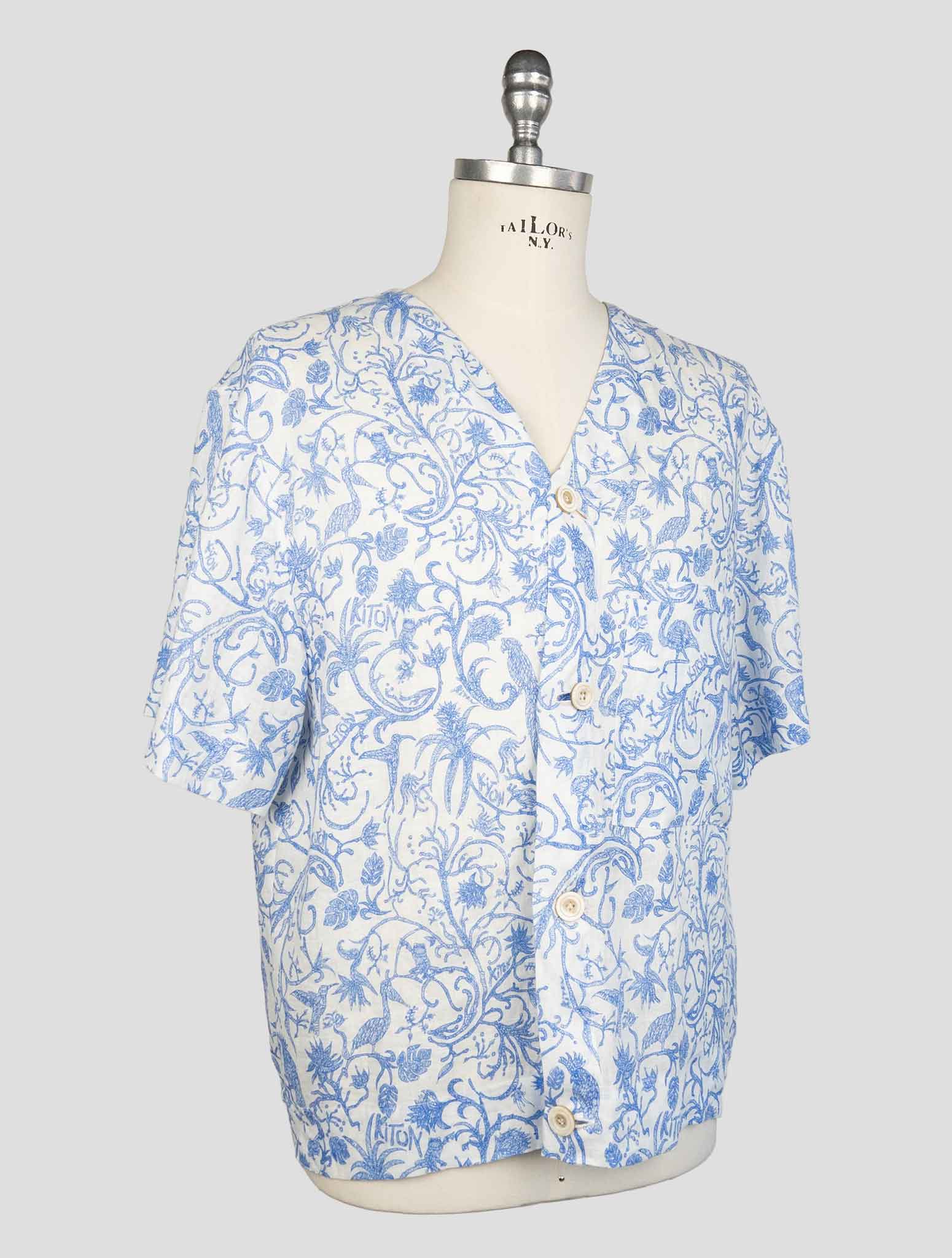 kiton Light Blue White Linen  Short Sleeve Shirt