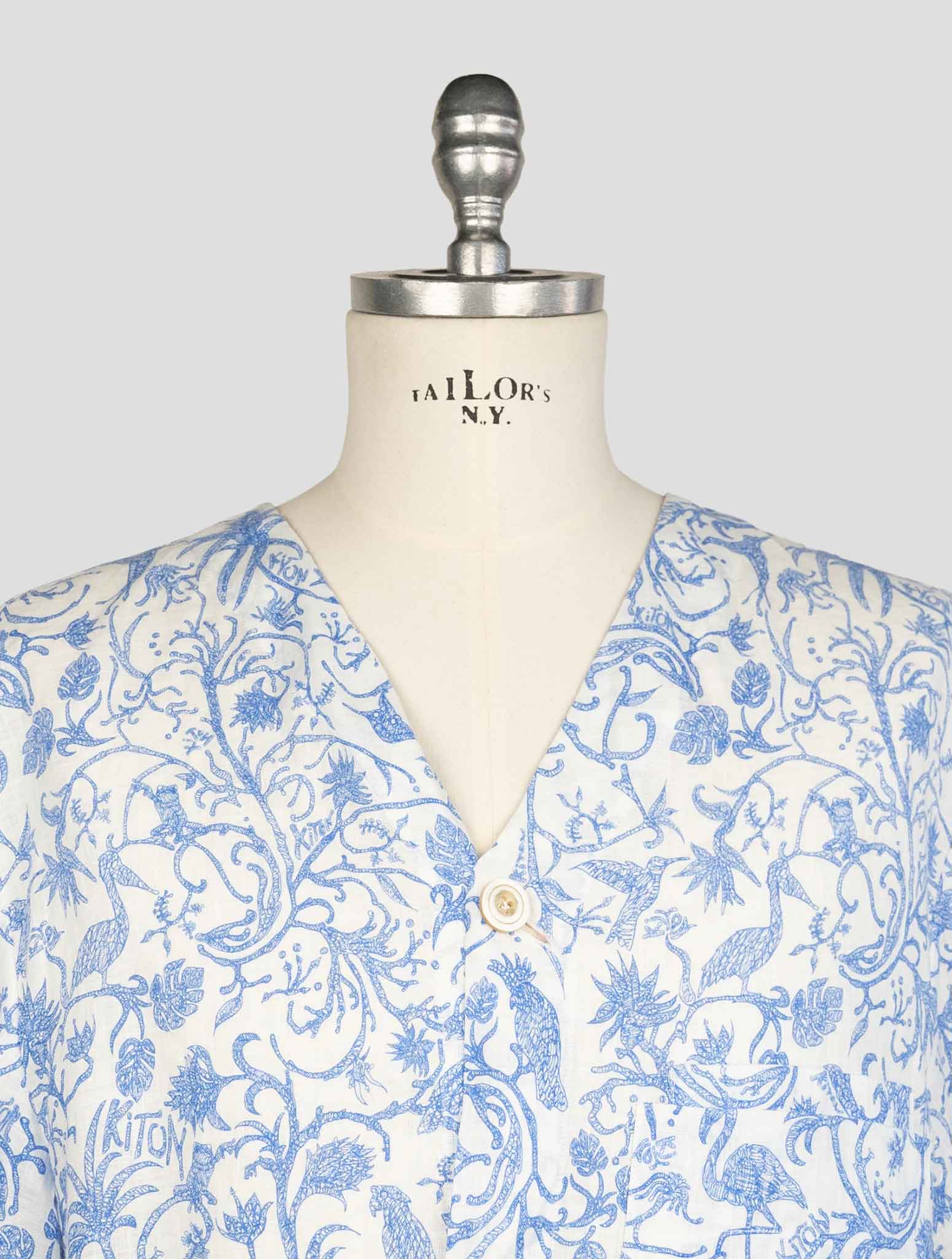 kiton Light Blue White Linen  Short Sleeve Shirt