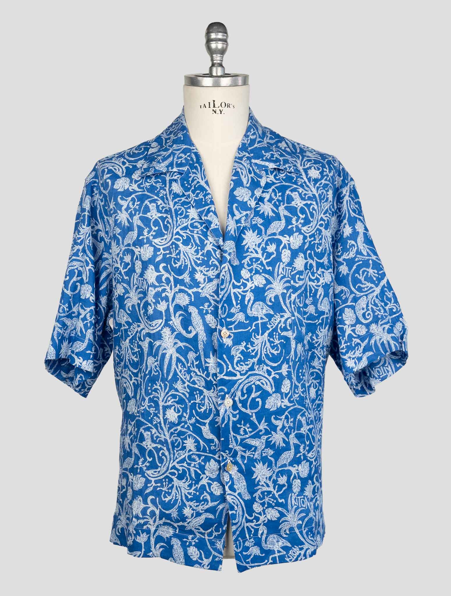 kiton Blue White Linen  Short Sleeve Shirt