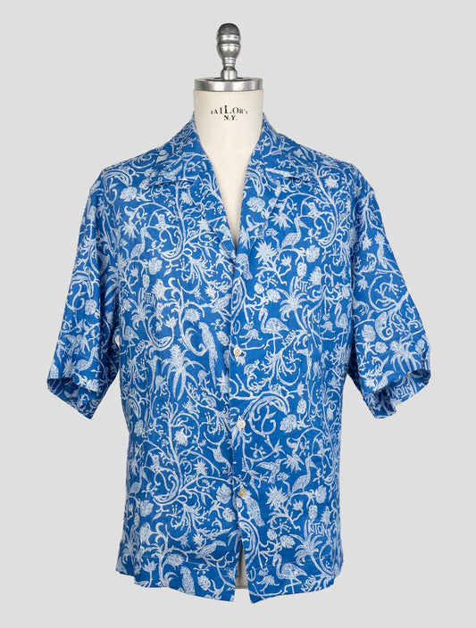 kiton Blue White Linen  Short Sleeve Shirt
