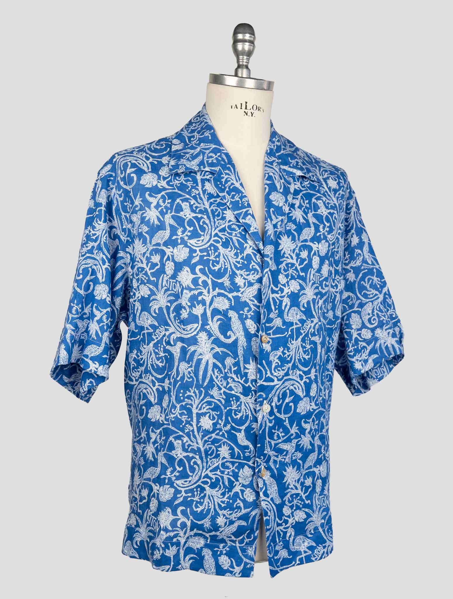 kiton Blue White Linen  Short Sleeve Shirt