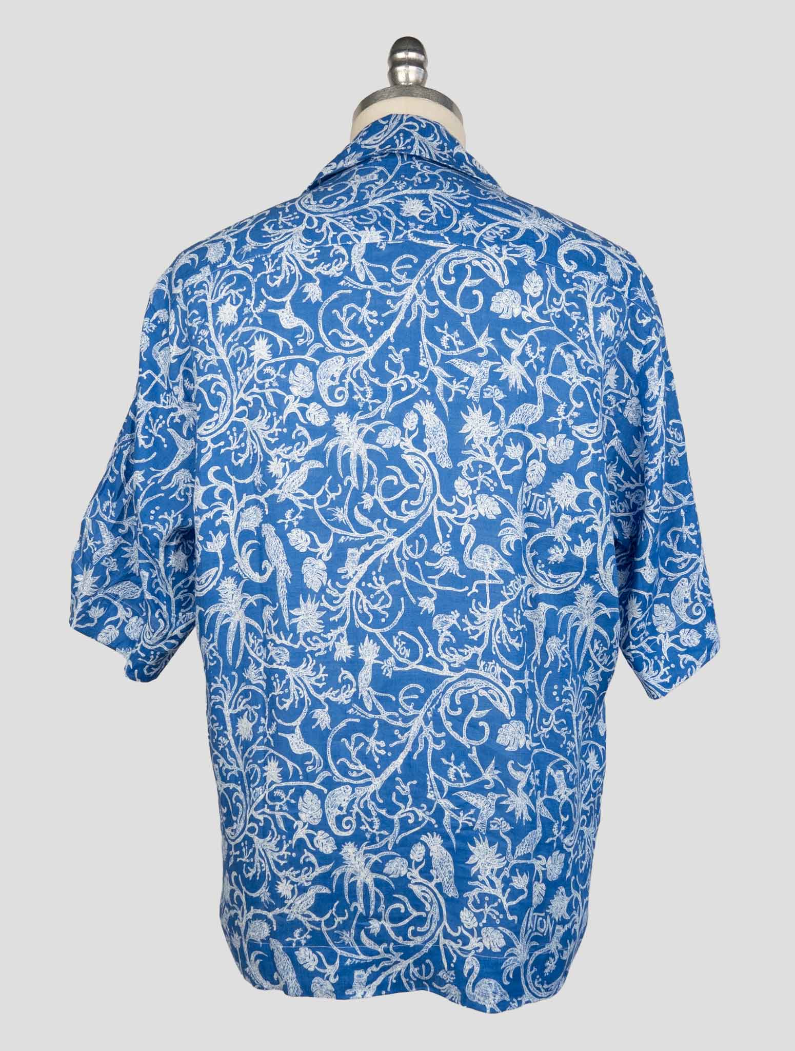 kiton Blue White Linen  Short Sleeve Shirt