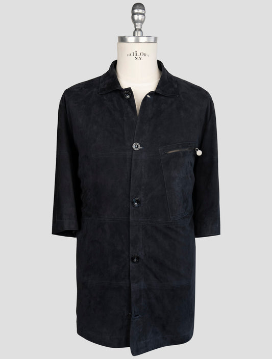 Kiton Blue Leather Suede Short Sleeve Shirt