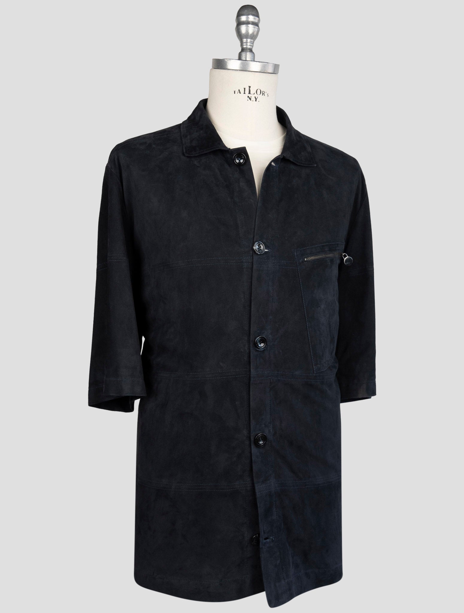 Kiton Blue Leather Suede Short Sleeve Shirt