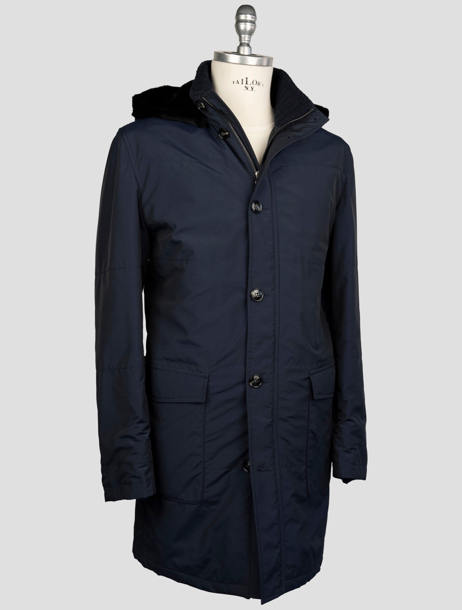 Kiton Blue Fleece Wool Pa Weasel Fur Overcoat