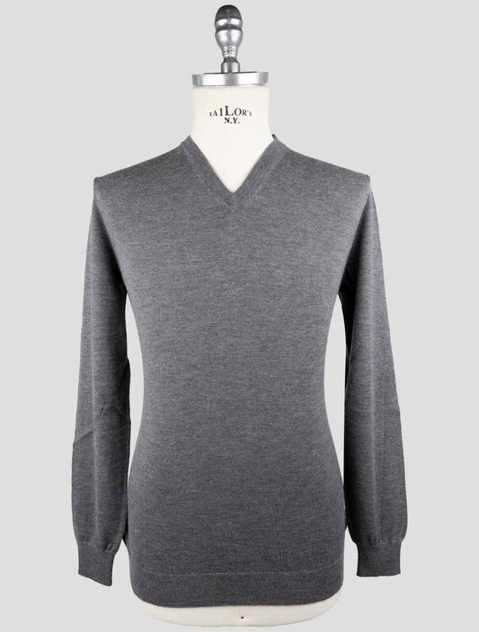Kiton gray cashmere silk V-neck sweater front