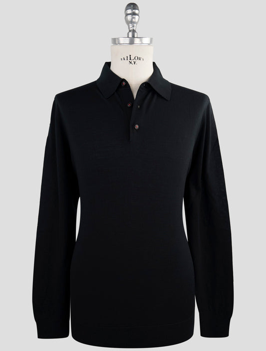 Kiton Black Wool Sweater Diamante blu Polo
