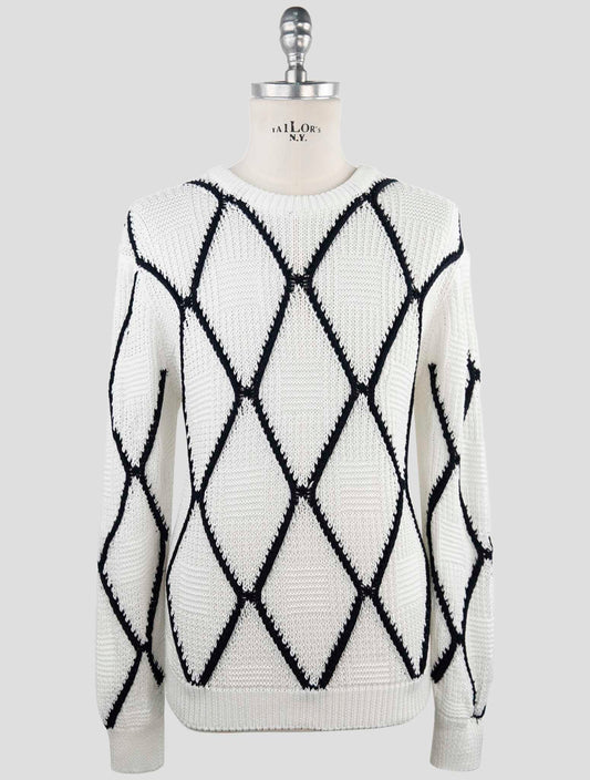 Kiton White Black Cotton Sweater Crewneck