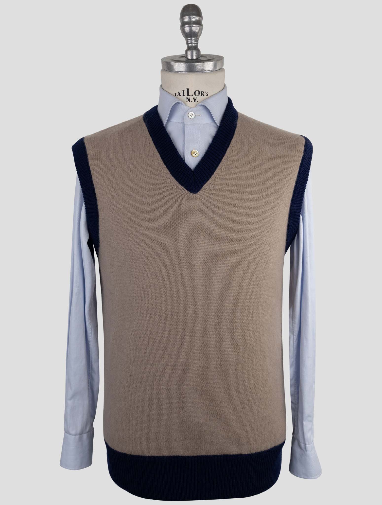 Kiton Brown Blue Cashmere Pa Pu Sweater V-Neck