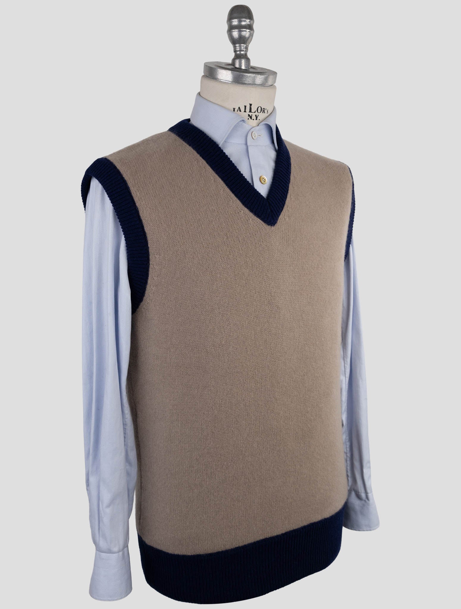 Kiton Brown Blue Cashmere Pa Pu Sweater V-Neck