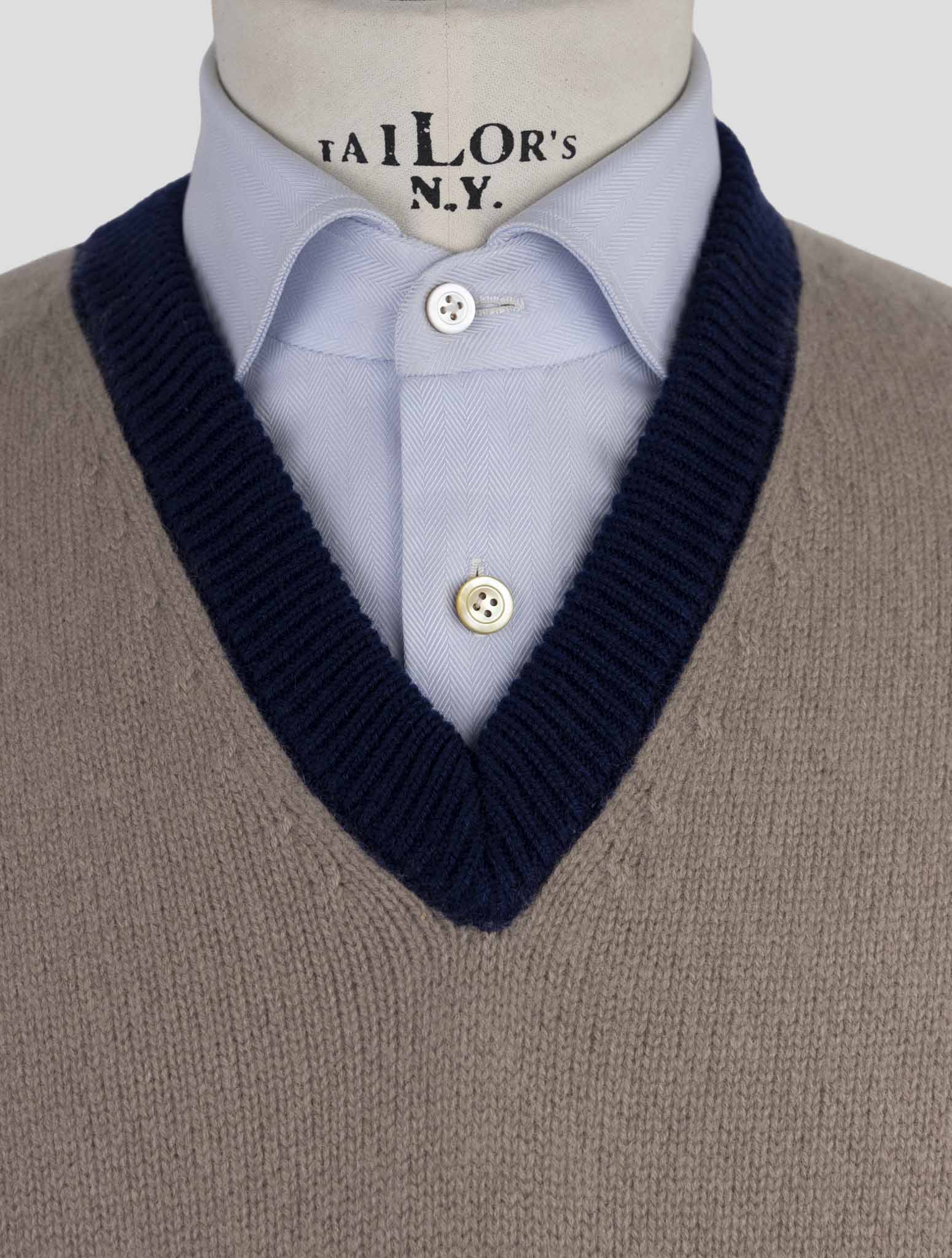 Kiton Brown Blue Cashmere Pa Pu Sweater V-Neck