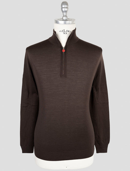 Kiton Brown Wool 14 Micron Diamante Blu Sweater Full Zip
