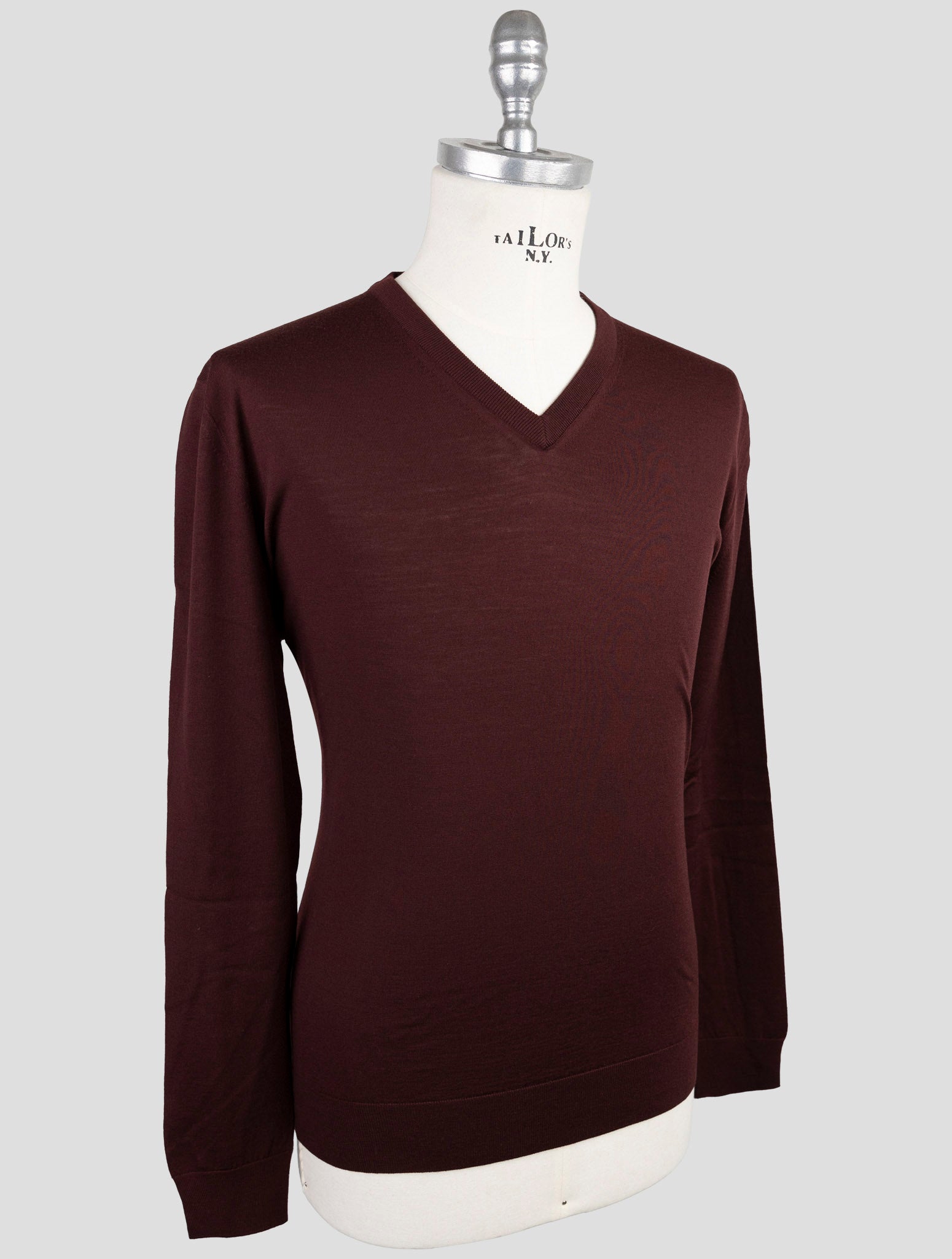 Kiton Burgundy Wool Diamante Blu Sweater V-Neck