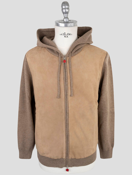 Kiton Brown Cashmere Leather Suede Sweater Full Zip Hoodie