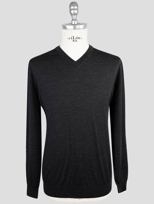 Kiton Dark Gray Wool Diamante Blu Sweater V-Neck
