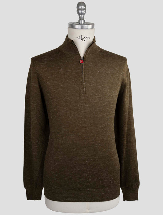 Kiton Green Silk Cashmere Linen Sweater Half Zip