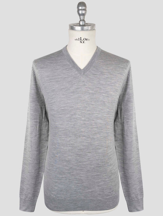 Kiton Gray Wool Diamante Blu Sweater V-Neck