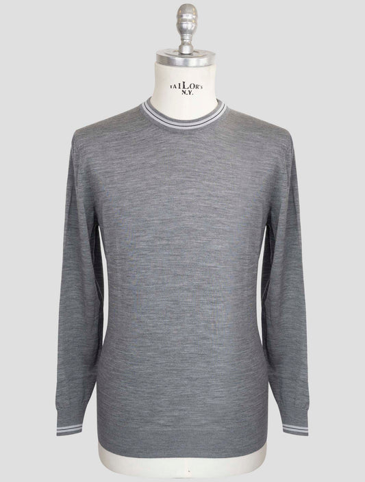 Kiton Gray Wool 14 Micron Diamante Blu Sweater Crewneck