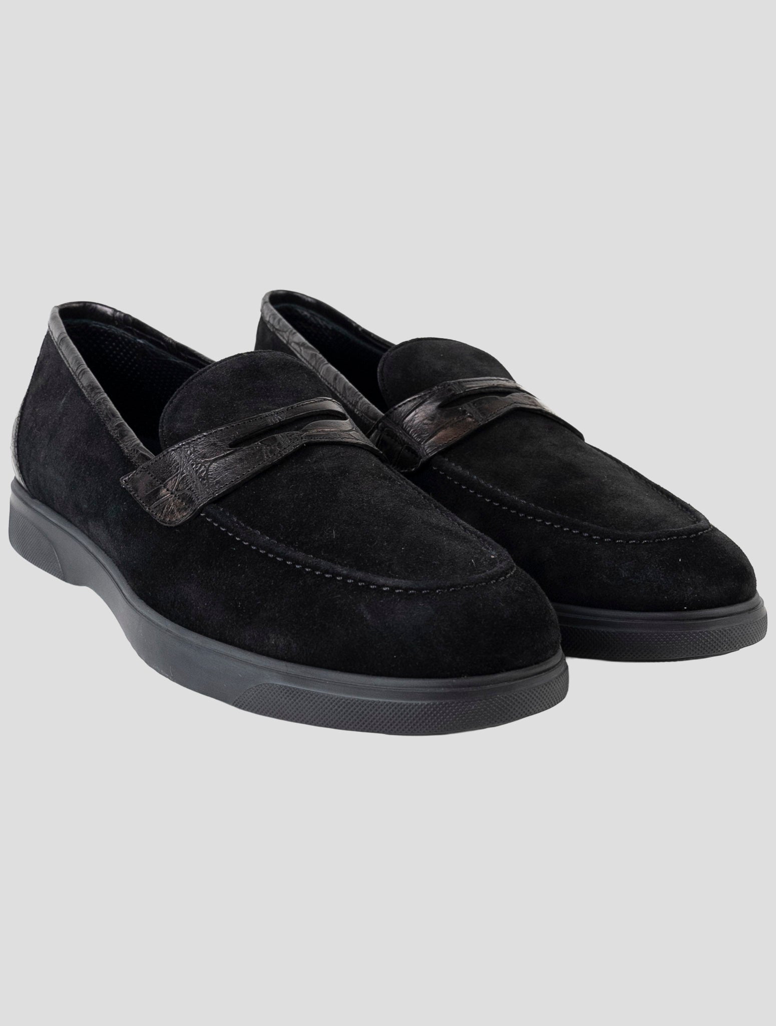 Kiton Black Leather Crocodile Leather Suede Loafers