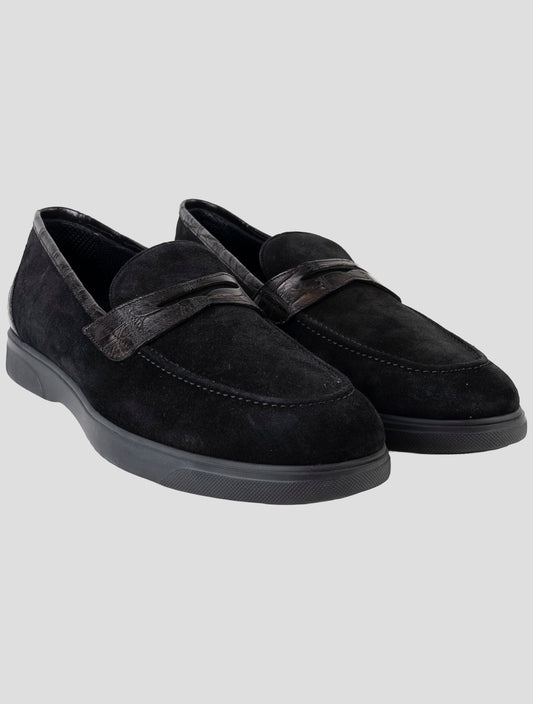 Kiton Black Leather Crocodile Leather Suede Loafers