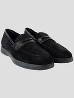 Kiton Black Leather Crocodile Leather Suede Loafers