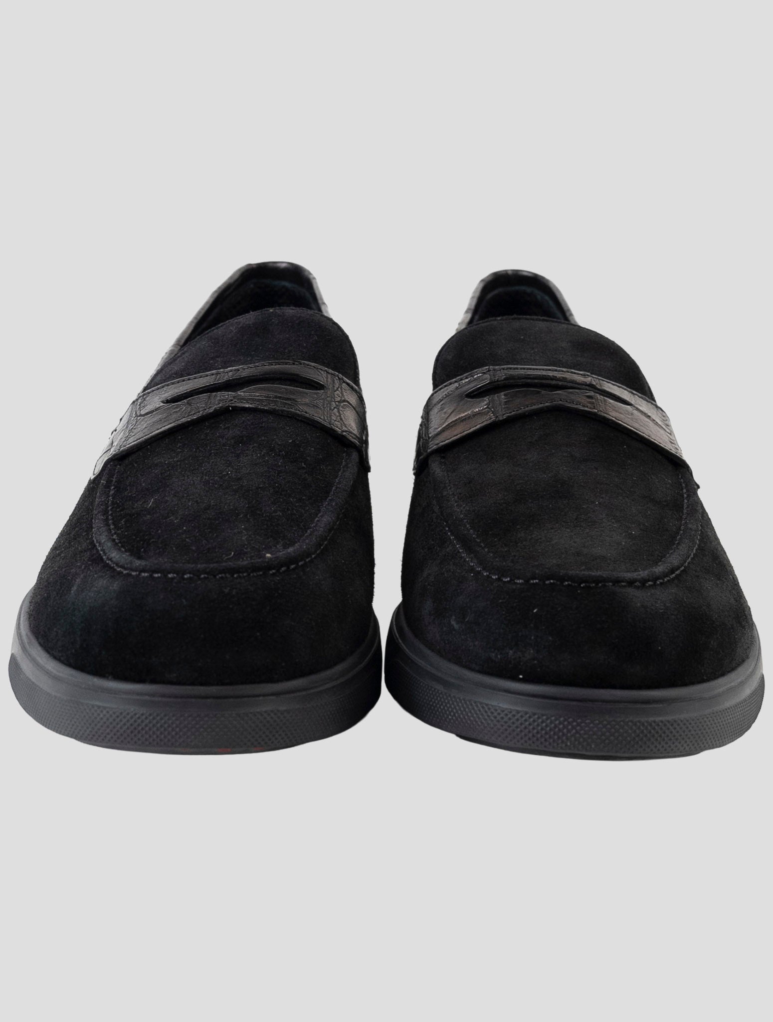 Kiton Black Leather Crocodile Leather Suede Loafers
