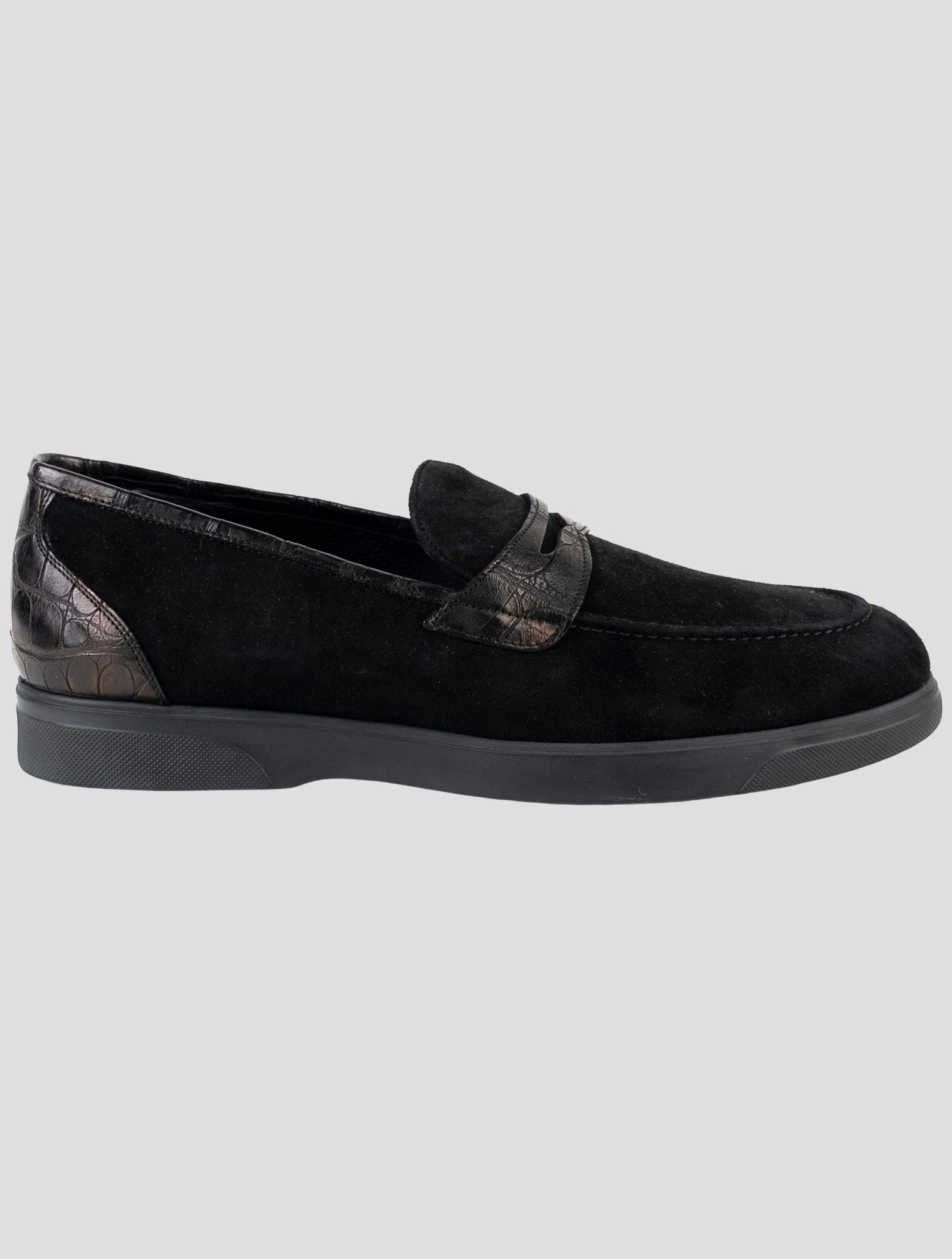 Kiton Black Leather Crocodile Leather Suede Loafers