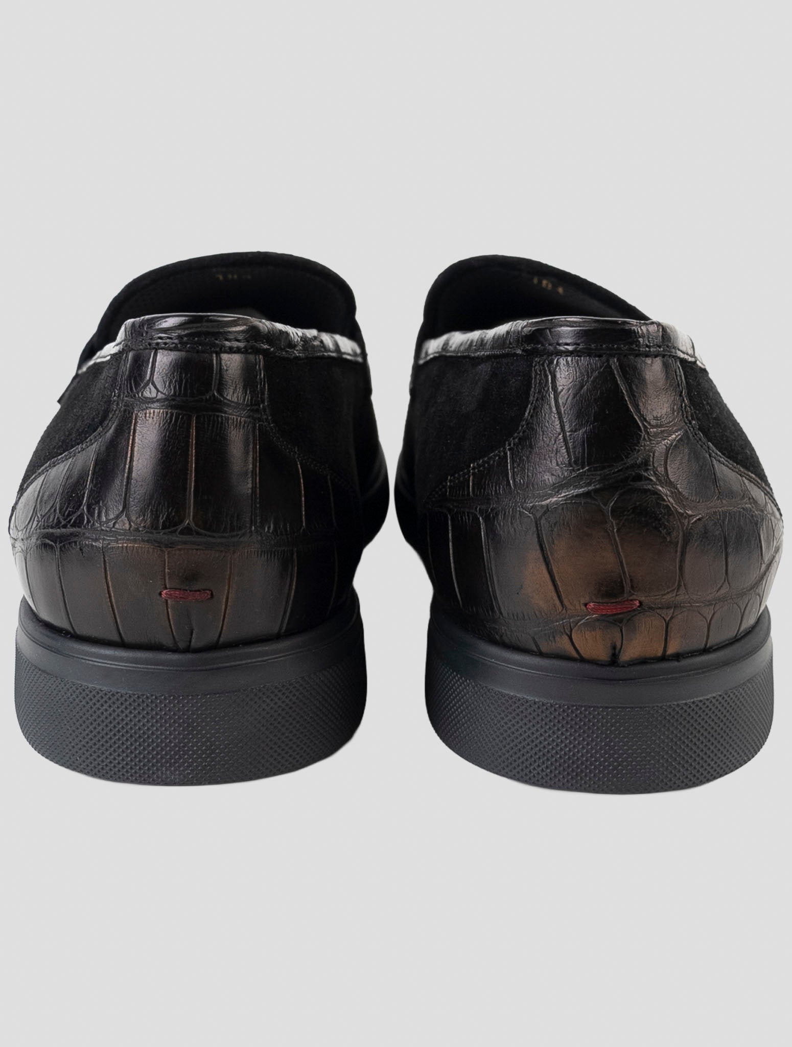 Kiton Black Leather Crocodile Leather Suede Loafers