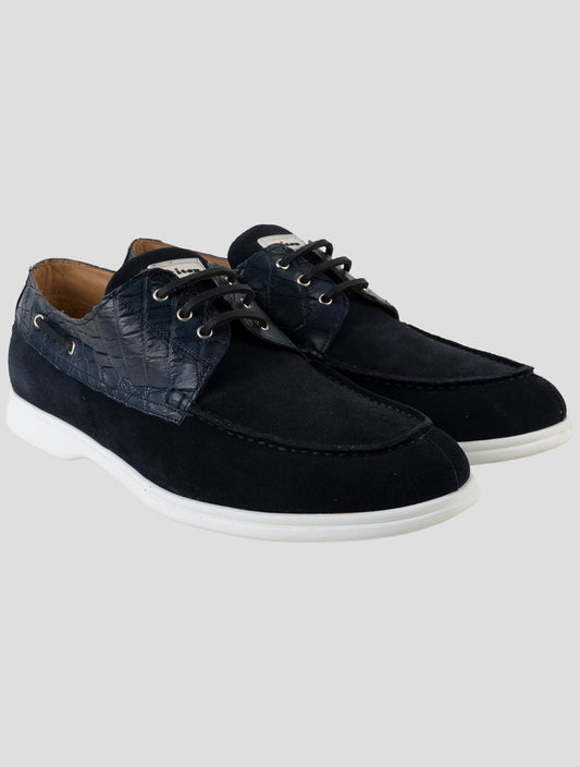 Kiton Blue Leather Crocodile Leather Suede Loafers