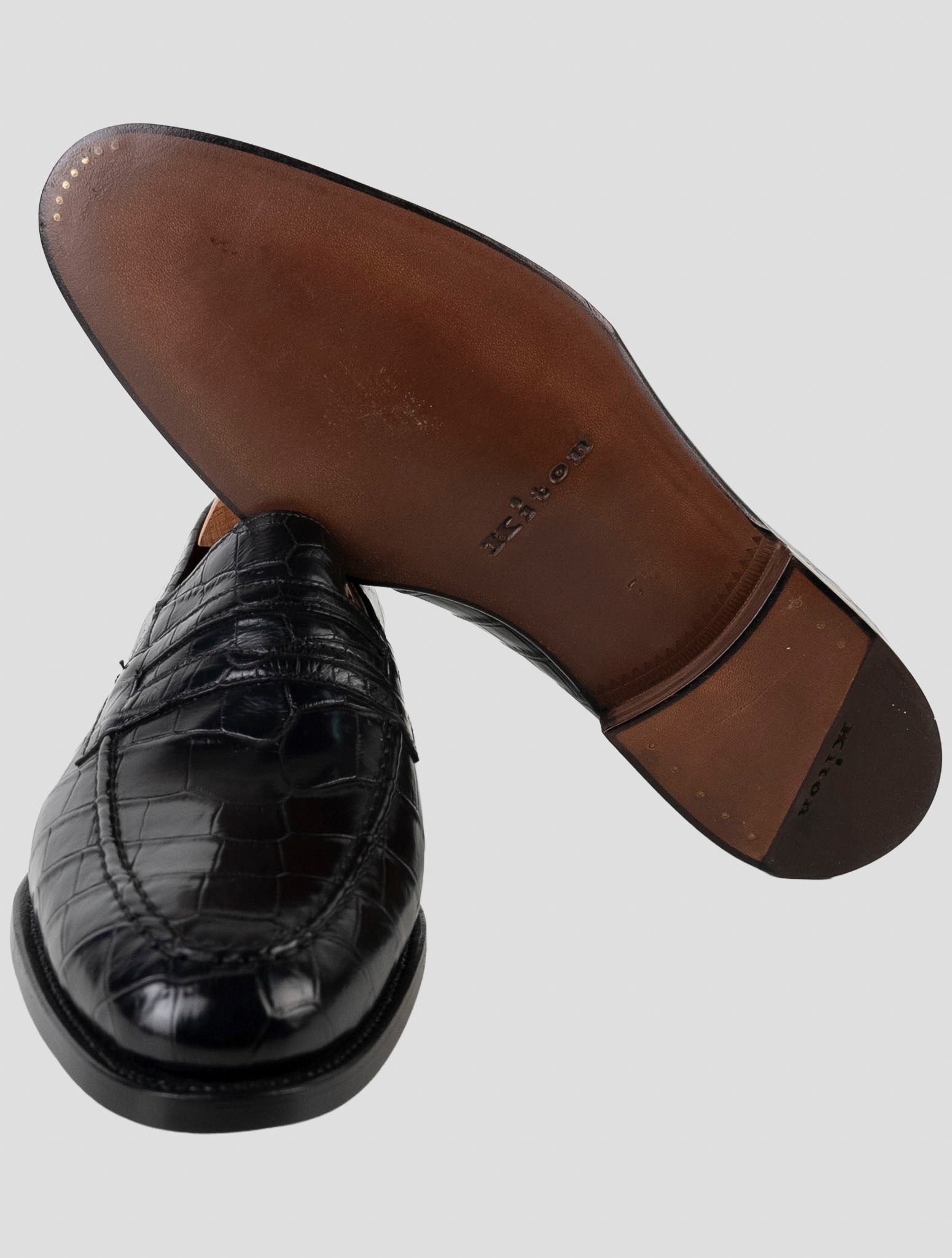 Kiton Black Leather Crocodile Loafers