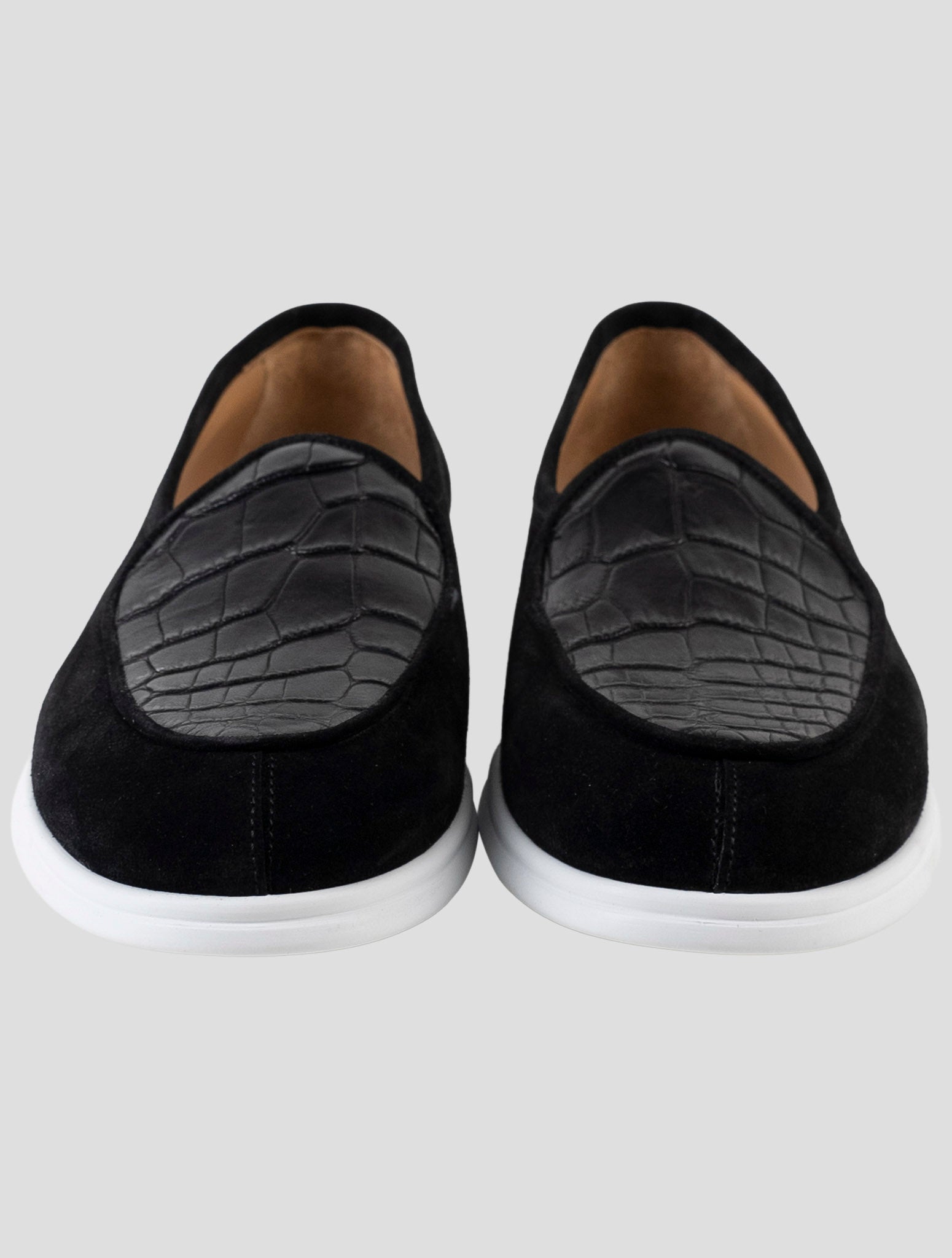 Kiton Black Leather Crocodile Leather Suede Loafers