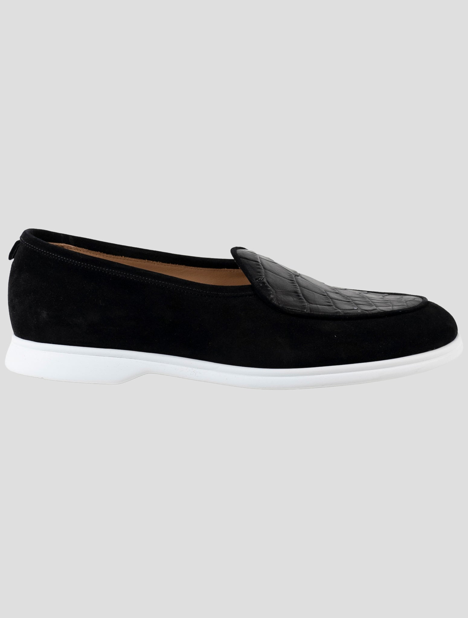 Kiton Black Leather Crocodile Leather Suede Loafers