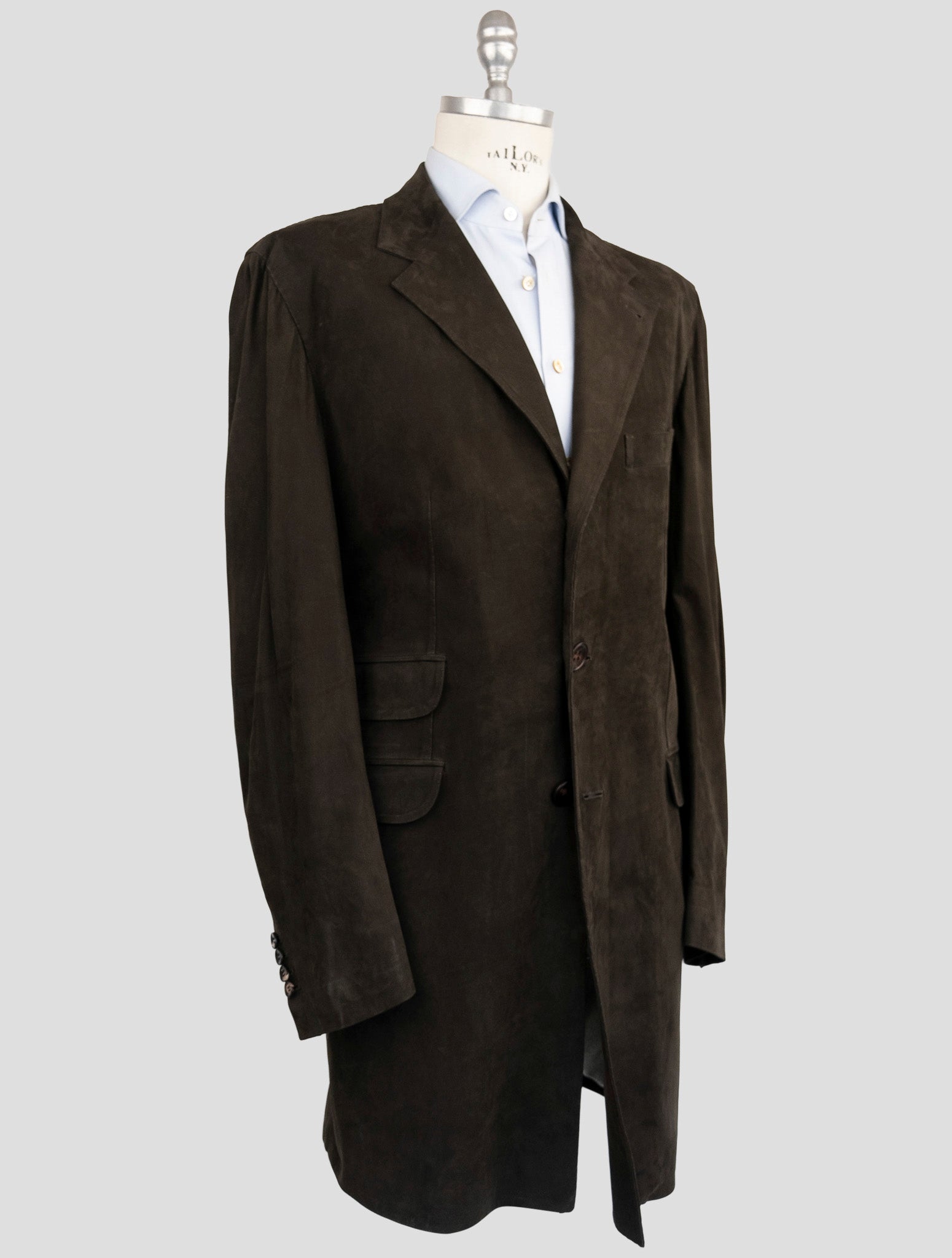 Kiton Brown Leather Suede Overcoat side view