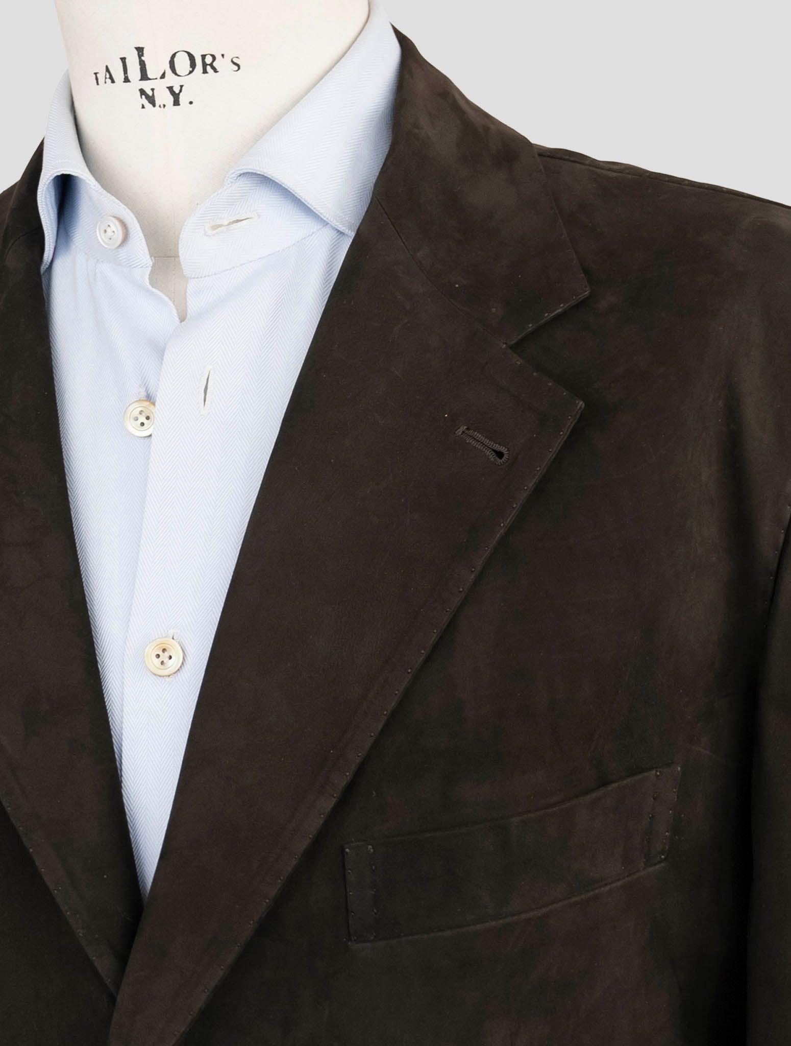Kiton brown leather suede overcoat texture close‑up