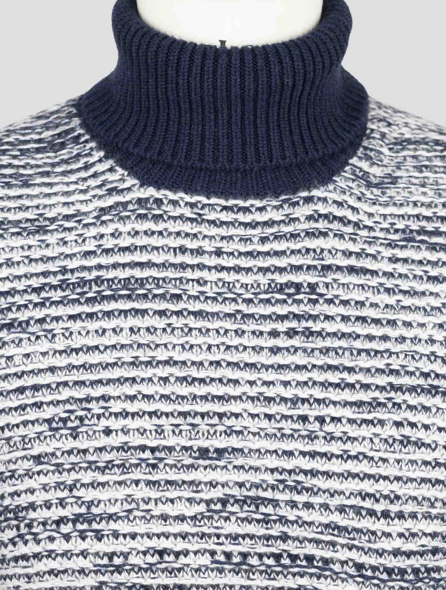 Kiton Blue White Cashmere Sweater Turtleneck