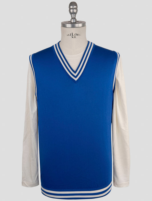 Kiton White Blue Silk Sweater Gilet V-Neck